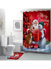 1pc/4pcs Christmas Santa Claus, Reindeer, Snowman, Christmas Tree Print Shower Curtain Set, Waterproof Shower Curtain With 12 Hooks, Bath Mat, Toilet U-Shaped Mat, Toilet Seat Cover, Bathroom Divider, Bathroom Accessories, Bathroom Decor Fall Decor Back To School
