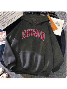 Chicago American City Kangaroo Sweatshirt Custom Flannel Cotton Hoodie With Pocket Various Colors - 黑色 - 查看 8
