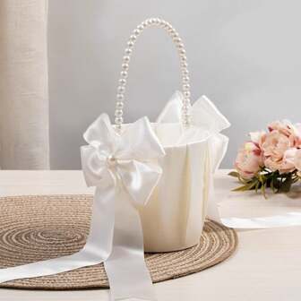Wedding Flower Baskets With Pearl Handle, Satin Bowknot Flower Baskets For Flower Pearl Collection, White