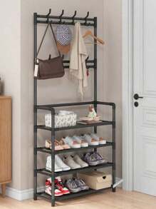 Percha de Pie, Material de Metal Independiente con Almacenamiento de Zapatos, Percha de Ropa para la Sala de Estar del Dormitorio de Entrada - Multicolor - Ver 1