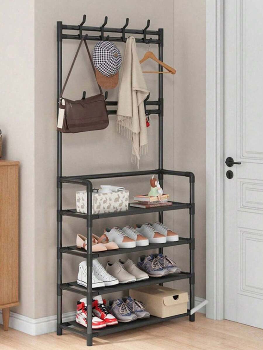 Percha de Pie, Material de Metal Independiente con Almacenamiento de Zapatos, Percha de Ropa para la Sala de Estar del Dormitorio de Entrada - Multicolor - Ver 1