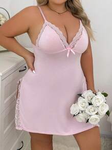 1件加大码女士蕾丝边蝴蝶结装饰侧开衩吊带睡裙，Moo Moo睡衣 - 粉色 - 查看 13