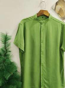 Men's Slim Short Sleeve Priest Collar Dress Shirt Shrinks A Little - 彩色 - 查看 3