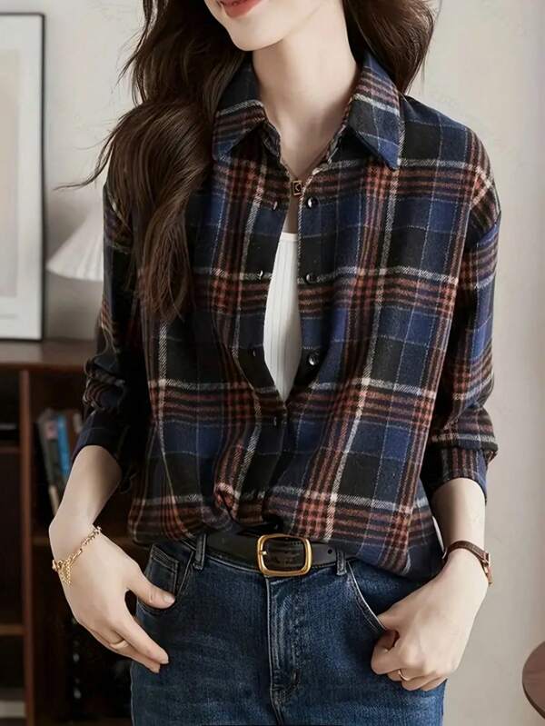 Women's Retro Casual Plaid Button Front Long Sleeve Shirt, Suitable For Autumn