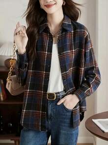 Koszula damska w kratę retro casual z długim rękawem i guzikami z przodu, odpowiednia na jesień