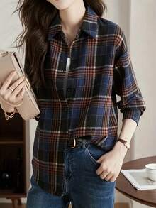 Koszula damska w kratę retro casual z długim rękawem i guzikami z przodu, odpowiednia na jesień