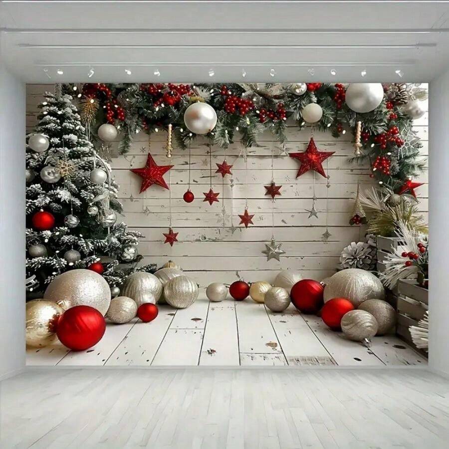 Vải nền Giáng sinh kỳ ảo - Nhà trắng mùa đông với vòm bóng bay màu đỏ và vàng, bông tuyết và ngôi sao, cảnh cây thông Noel thoải mái - Sợi polyester, thích hợp cho phòng khách, trang trí ngoài trời, phát trực tiếp, buồng chụp ảnh - Nhiều màu - Xem 1