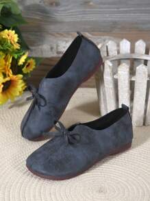 女士休闲纯色软底圆头芭蕾平底鞋，蝴蝶结装饰时尚一脚蹬乐福鞋 - 藏蓝色 - 查看 6