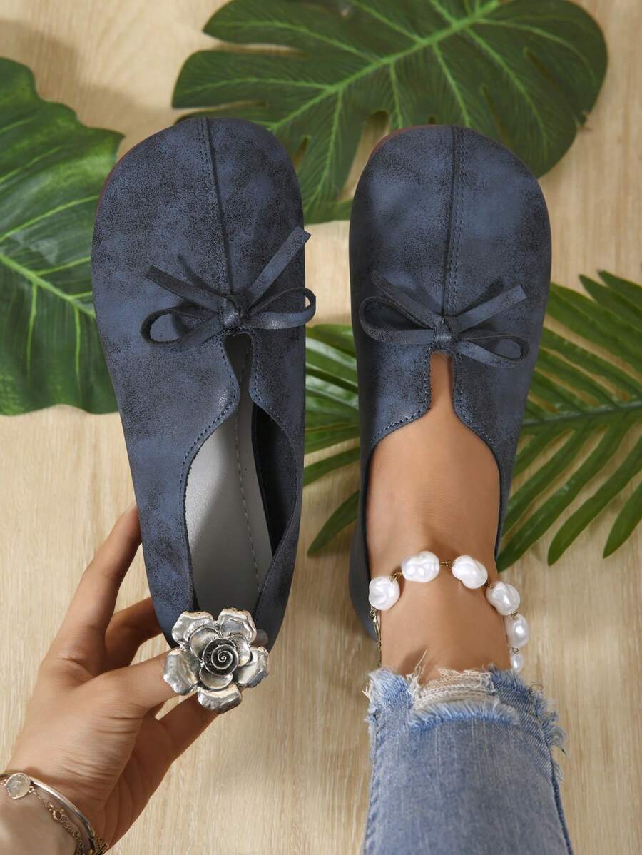 女士休闲纯色软底圆头芭蕾平底鞋，蝴蝶结装饰时尚一脚蹬乐福鞋