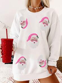 Christmas Santa Claus Sequin Patchwork Crew Neck Casual Long Sleeve Pullover Sweater,Long Sleeve Tops - White - View 3