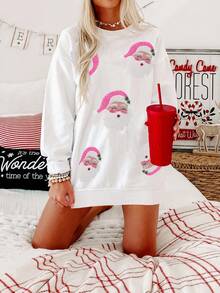 Christmas Santa Claus Sequin Patchwork Crew Neck Casual Long Sleeve Pullover Sweater,Long Sleeve Tops - White - View 4