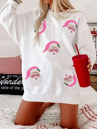 Christmas Santa Claus Sequin Patchwork Crew Neck Casual Long Sleeve Pullover Sweater,Long Sleeve Tops