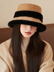 1pc Women's Plush Patchwork Bucket Hat, Warm Thermal Lined Winter Cap With Ear Flaps, Suitable For Casual Wear, Autumn/Winter - MM1709 - View 13