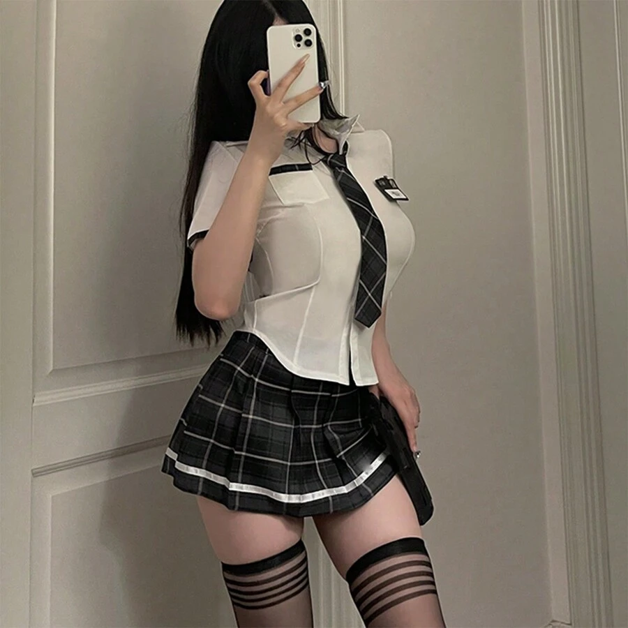 [上衣+裙子+领带+徽章] 派对/日常穿着合身学生 JK 制服服装，大码约会服装