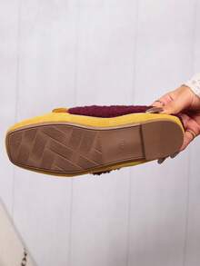 女士平底方头拼色一脚蹬穆勒鞋，毛绒家居/户外拖鞋，舒适适合派对、休闲场合、秋冬季 - 紅色 - 查看 7