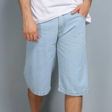 Y.L Men's Bermuda Jeans Balloon Washed (Stain), Wide Leg Very Soft Casual Quality Top - 淺藍色 - 查看 7