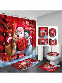 1pc/4pcs Christmas Santa Claus, Reindeer, Snowman, Christmas Tree Print Shower Curtain Set, Waterproof Shower Curtain With 12 Hooks, Bath Mat, Toilet U-Shaped Mat, Toilet Seat Cover, Bathroom Divider, Bathroom Accessories, Bathroom Decor Fall Decor Back To School