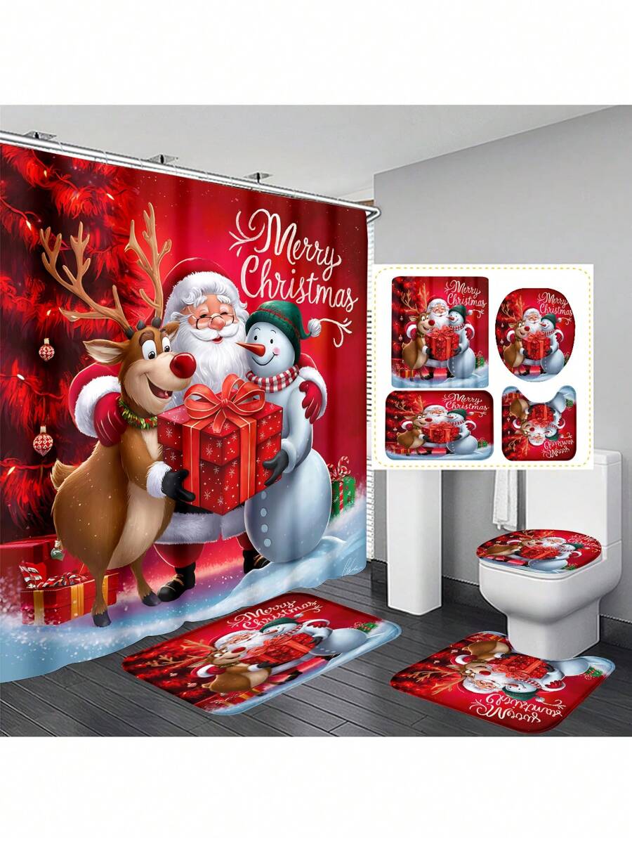 1pc/4pcs Christmas Santa Claus, Reindeer, Snowman, Christmas Tree Print Shower Curtain Set, Waterproof Shower Curtain With 12 Hooks, Bath Mat, Toilet U-Shaped Mat, Toilet Seat Cover, Bathroom Divider, Bathroom Accessories, Bathroom Decor Fall Decor Back To School