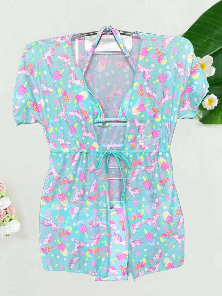 3 Piece Swimsuit Set Bikini Top Bottoms And Cover Up / Lined Bathing Suit For Girls Kids Pre-Teens Stylish Summer Swimwear - 綠色 - 查看 1