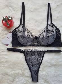 Lingerie Set Bra Panty Thong Transparent Tulle Embroidered JADE - 黑色 - 查看 3