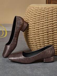 Women's Fashion Square Toe Low Vamp 3cm Heel Pump Shoe, Outdoor Street Casual Vintage Mocha Brown Versatile Stylish Sneaker