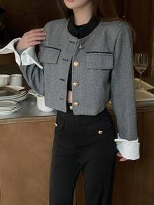 撞色滚边纽扣前襟短款大衣休闲款 - 灰色 - 查看 2