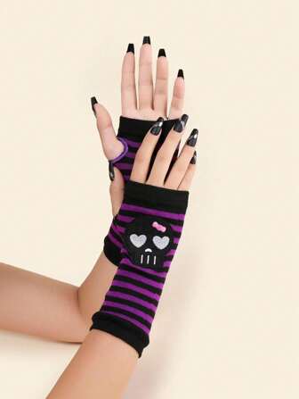 1 Pair Skeleton Embroidered Y2K Baddie Street Style Striped Gloves (Thumb Seam Color Is Random As One Of The Glove Contrast Colors) Halloween Valentine's Day