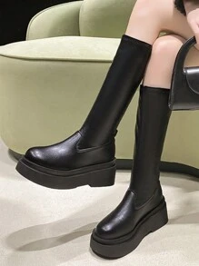 New Platform Slip-On Over The Knee Boots For Women, Chunky Heeled, Flattering, Round Toe, Comfortable, Fashionable Riding Boots