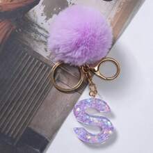 A-Z 英文字母毛球钥匙扣，紫色树脂亮片吊坠钱包钥匙圈，汽车钥匙链，包包挂饰，背包装饰，哥特 Y2K 风格 - 紫色 - 查看 25
