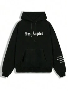 Plus Size Men Los Angeles Slogan & Letter Print Casual Trendy Ściągana bluza z kapturem