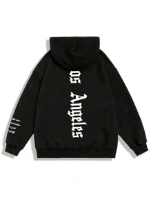Plus Size Men Los Angeles Slogan & Letter Print Casual Trendy Ściągana bluza z kapturem