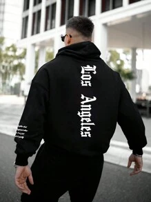Plus Size Men Los Angeles Slogan & Letter Print Casual Trendy Ściągana bluza z kapturem