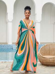Women's Moroccan Print V-Neck Kaftan – Plus Size Loose Fit Swimwear Cover Up - Multicolor - View 3
