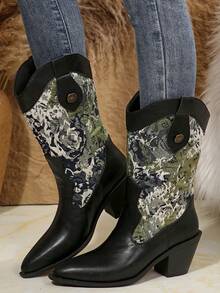 2024 秋冬新款尖头粗跟蛇皮拼接中筒靴，时尚女式踝靴 - 青色 - 查看 2