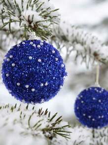 Bộ 2 đồ trang trí cây thông Noel - Quả cầu Giáng sinh bằng ngọc trai lấp lánh màu xanh, đường kính lớn 3,35 inch (8cm) Đồ trang trí Giáng sinh không thể vỡ cho cây thông Noel, tiệc cưới, vòng hoa ngày lễ có dây treo - Màu xanh lam - Xem 8