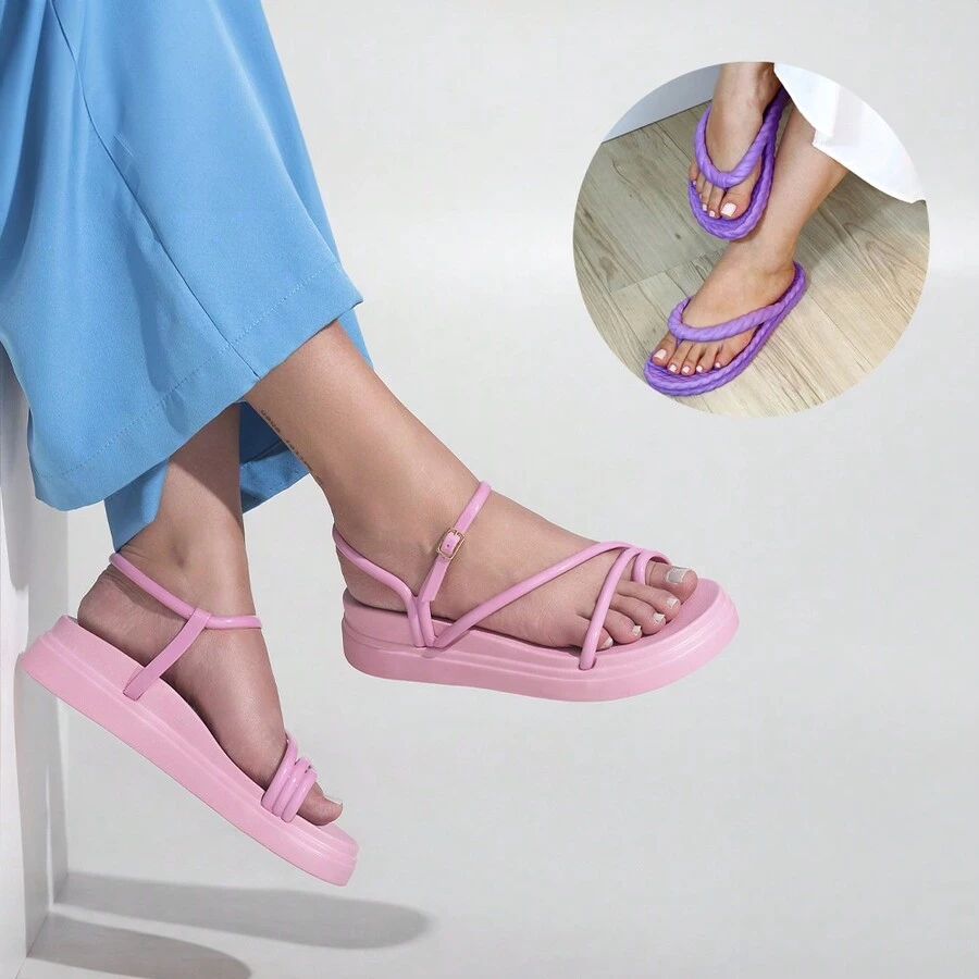 Kit Of Two Pairs Of Women's Sandals  Comfort And Braided Brezz Flip Flops - 淡粉色和紫色 - 查看 1