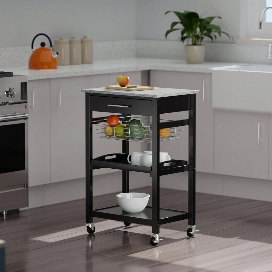 Modern Kitchen Cart With Charcoal Faux Granite Top, Cutlery Drawer, And