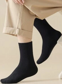 3 Pairs/5 Pairs Men's Black Thick Thermal Lined Mid-Calf Socks, Winter, Cozy - Black - View 4