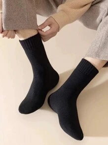 3 Pairs/5 Pairs Men's Black Thick Thermal Lined Mid-Calf Socks, Winter, Cozy - Black - View 5
