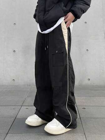 男士休闲直筒工装裤，腰部抽绳，拼色，秋季