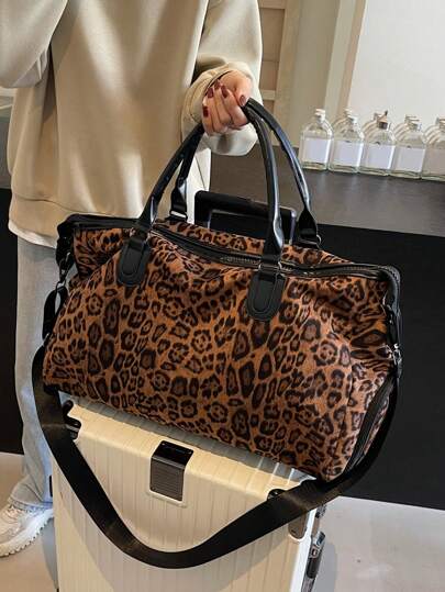 Large Capacity Portable Leopard Print Travel Bag That Can Be Fitted With A Suitcase, Personalized And Lightweight, Suitable For Business Trips And Weekends, Short Distance Travel Bags, Luggage Storage Bags, Fashionable And Versatile, Can Be Worn As A Shoulder Bag Or Crossbody Bag Bag For School School Accessories School Stuff