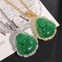 SeuSuk Colar clássico minimalista com pingente de Buda em pedra verde natural com zircônia, presente para homens e mulheres