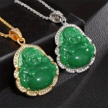 SeuSuk Colar clássico minimalista com pingente de Buda em pedra verde natural com zircônia, presente para homens e mulheres