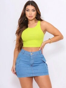 Women's Beige Jeans Cargo Skirt High Waist With Lycra Butt Lift Side Pockets Short - 淺色水洗藍 - 查看 5