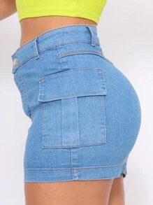 Women's Beige Jeans Cargo Skirt High Waist With Lycra Butt Lift Side Pockets Short - 淺色水洗藍 - 查看 3