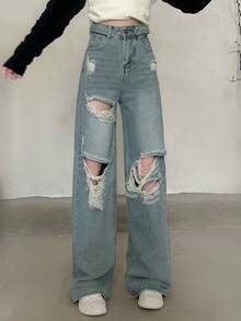 Washed Ripped Wide Leg Jeans