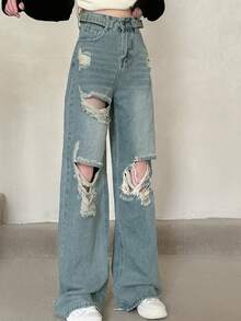 Washed Ripped Wide Leg Jeans