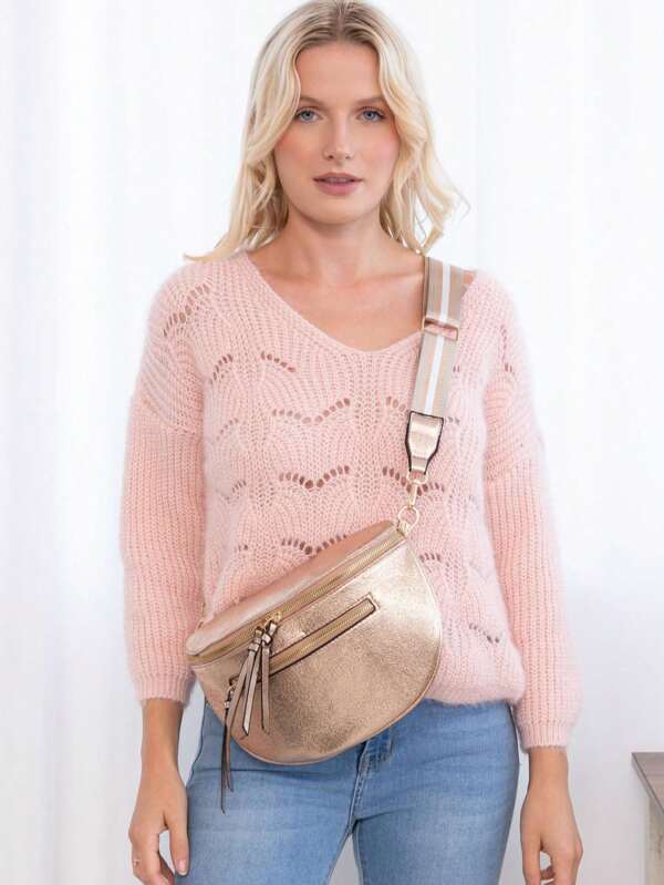 Sac bandoulière en PU décontracté et à la mode avec fermeture éclair et large sangle en sangle
