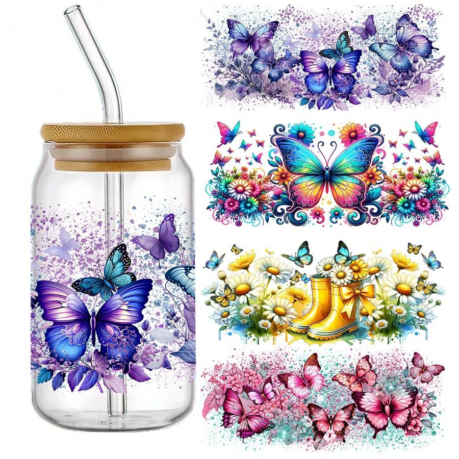 Set Of 4 Butterfly Froal UV DTF Self-Adhesive Plastic Cup Wraps, High Quality & Scratch-Resistant 3D Crystal Transfer Paper For Tumblers & Bottles - High-Quality Decals - Multicolor - View 1