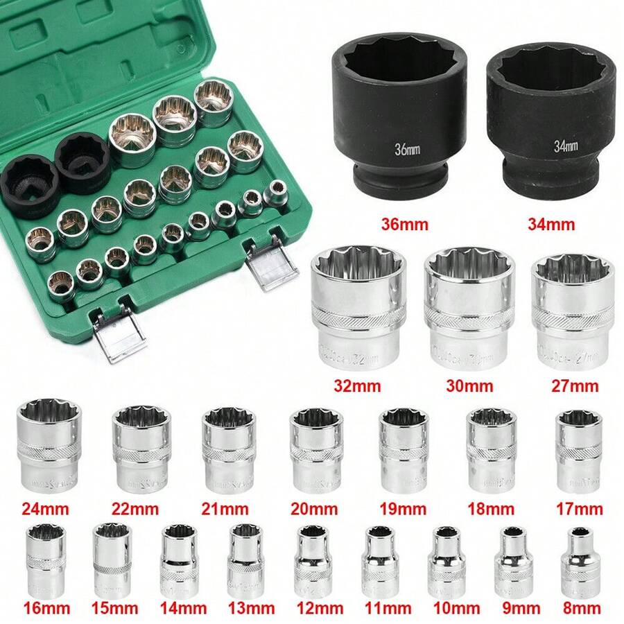 21tlg 1/2 Steckschlüssel Vielzahn Nuss Satz Stecknuss für 6 und 12 Kant 8-36mm - 21tlg + Aufbewahrungskiste - Übersicht 1